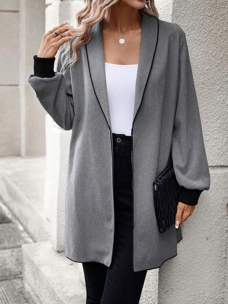 Contrast Binding Shawl Collar Open Front Overcoat