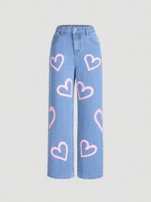 Girl's Casual Pink Heart Print All-Match Loose Fit Straight Leg Jeans Pants, Versatile For All Seasons - Medium Wash - View 1