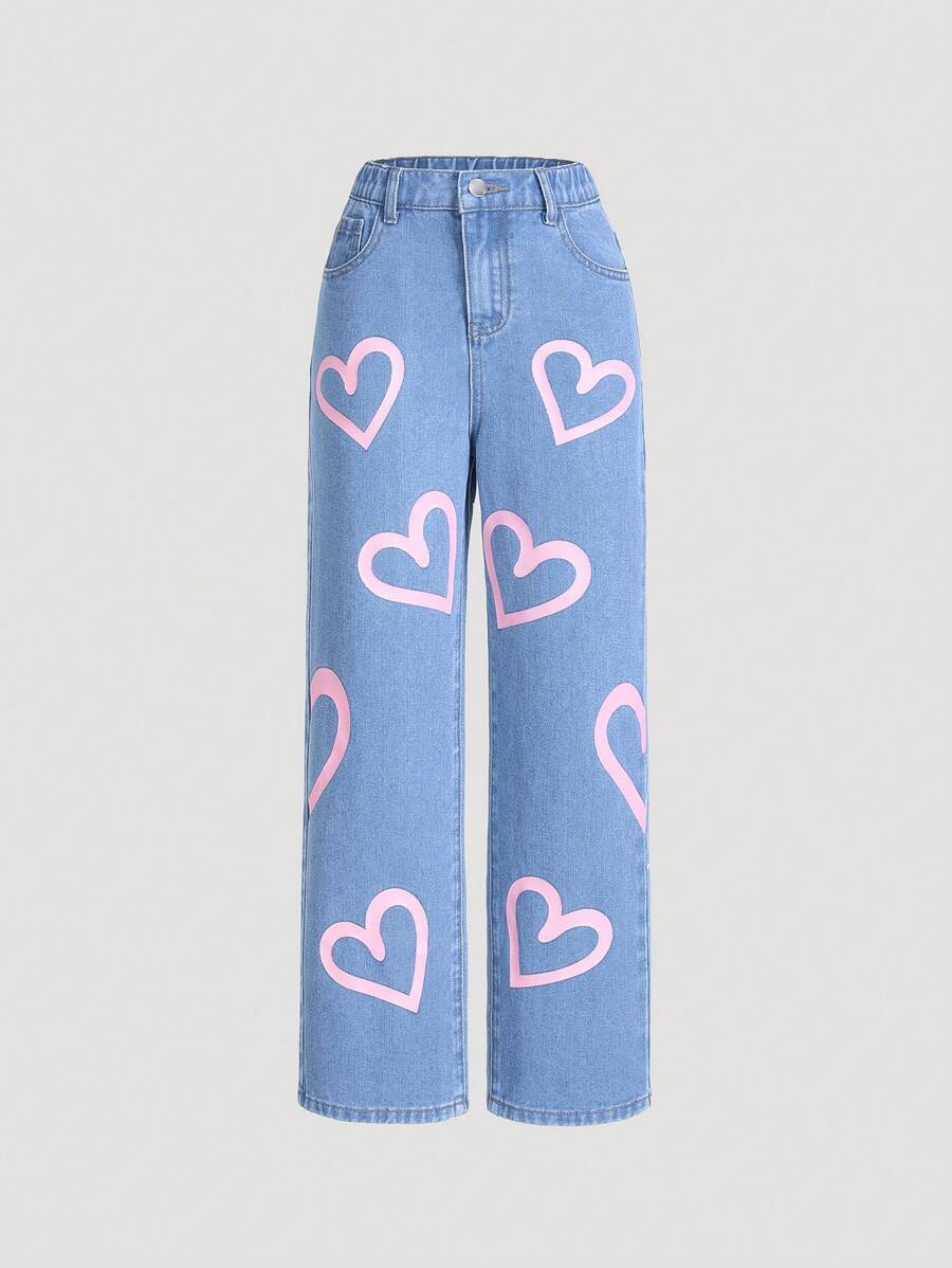 Girl's Casual Pink Heart Print All-Match Loose Fit Straight Leg Jeans Pants, Versatile For All Seasons - Medium Wash - View 1