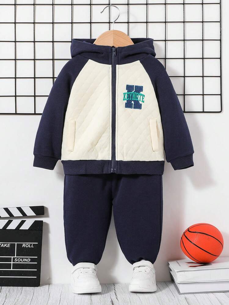 Baby Boy Letter Graphic Raglan Sleeve Hoodie & Sweatpants Without Tee