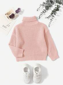 SHEIN Bebé niña Jersey cuello alto tejido de canalé - Rosa - Ver 1
