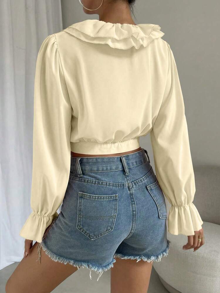 Ruffle Trim Flounce Sleeve Crop Blouse