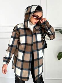 EURMUSE Women's Plaid Hooded Drop Shoulder Front Open Cardigan