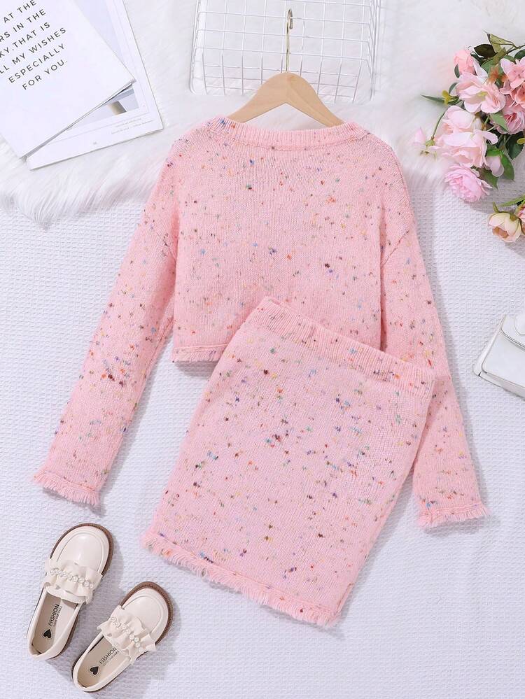 Tween Girl Button Front Cardigan & Knit Skirt