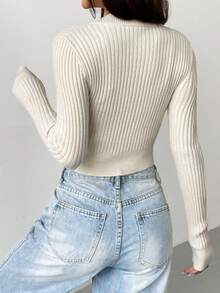 SHEIN EZwear 拉鍊緊身開襟衫 - 米色 - 查看 2