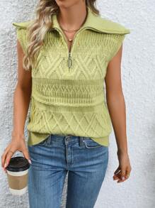 SHEIN LUNE Solid Half Zip Sweater Vest - Green - View 6