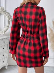 Chiquease Plaid Print Lace Up Front Shirt Dress - Red - View 2