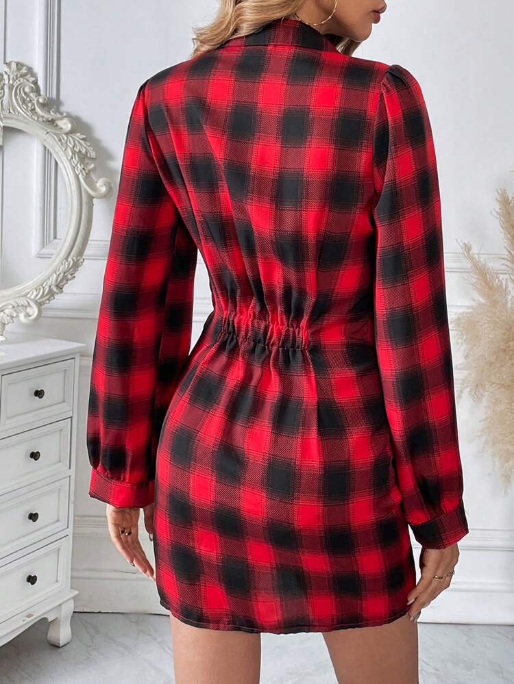 Plaid Print Lace Up Front Shirt Dress