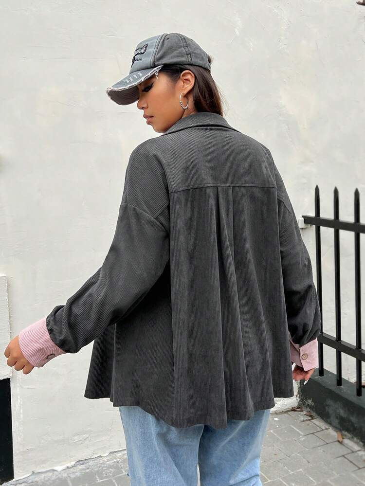 Plus Contrast Trim Drop Shoulder Flap Pocket Coat