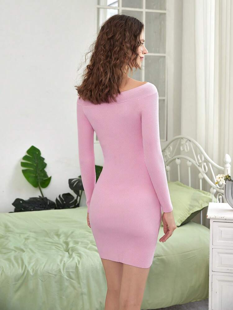 Boat Neck Twist Front Ribbed Knit Sweater Dress