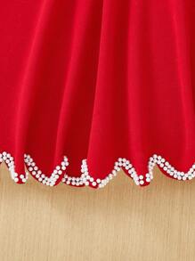 SHEIN Cô gái Tween Tương phản ràng buộc Ống tay áo Ren Mộc nhĩ Đầm - Đỏ - Xem 5