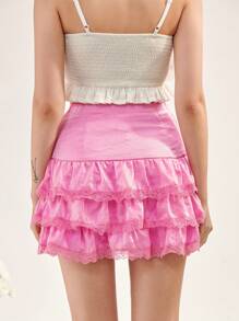 Enchnt Embroidered Mesh Trim Layered Ruffle Hem Skirt