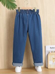 適合少女穿著的休閒波西米亞風格日常深色洗水牛仔褲，帶腰平口袋和捲邊邊緣 - 深色水洗藍 - 查看 2