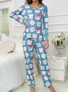 Cartoon Graphic PJ Set - Blue - View 4