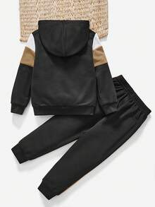 SHEIN Young Boy Letter Graphic Contrast Panel Hoodie & Sweatpants - Black - View 2