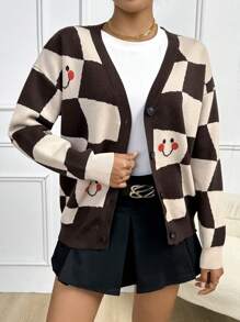 Flirla Checker & Cartoon Pattern Drop Shoulder Cardigan - Multicolor - View 3