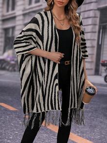SHEIN Unity Mô hình sọc ngựa vằn tay cánh Fringe Hem Áo len Mở - Nhiều màu - Xem 4