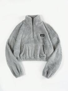 SHEIN EZwear 夏季女式半拉链白色抓绒卫衣，带字母贴布设计，秋冬季短款女式半拉链卫衣 - 灰色 - 查看 4