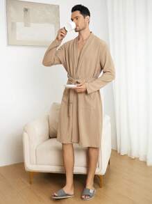 男士素色雙口袋腰帶休閒服睡袍 - 卡其色 - 查看 5
