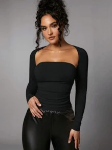SHEIN BAE Solid Ruched Cut Out Detail Top - Black - View 6