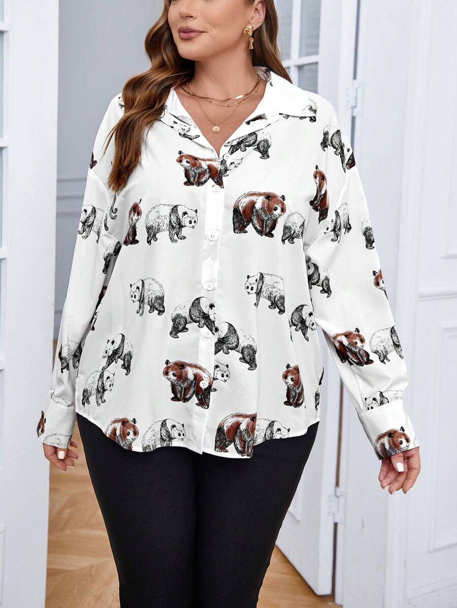 SHEIN LUNE Plus Panda Print Button Front Shirt - White - View 1