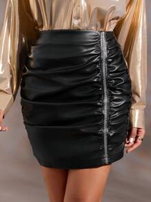 GENKIRA 拉鏈開襟褶邊包臀半身裙 - 黑色 - 查看 4