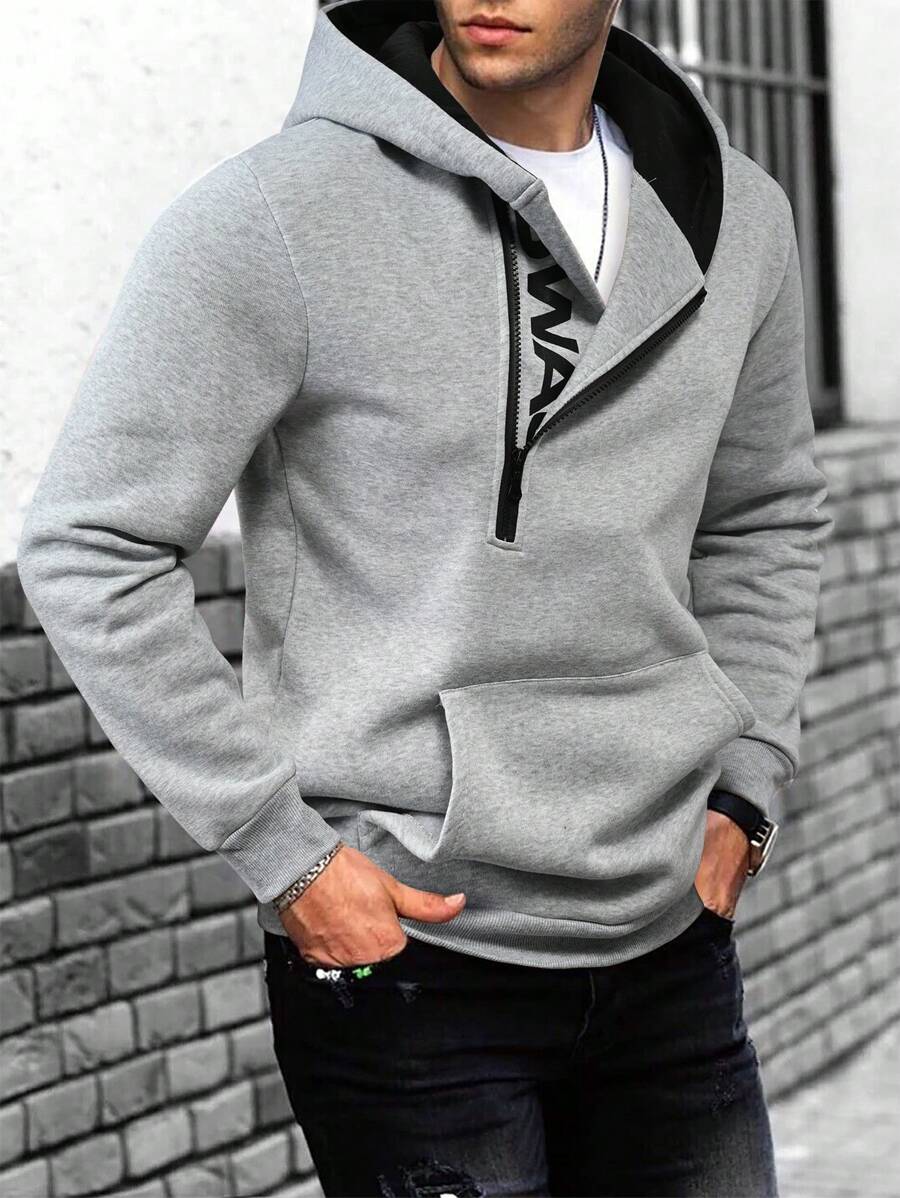 Manfinity Homme Men 1pc Letter Graphic Kangaroo Pocket Zipper Front Hoodie