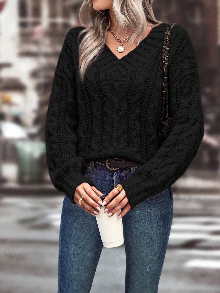 SHEIN Essnce Xoắn Dan Thả vai Áo len - màu đen - Xem 1