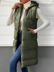 SHEIN Cottnline Zip Up Drawstring Hooded Puffer Vest Coat - Green - View 5