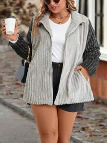 SHEIN LUNE Plus Two Tone Zip Up Slant Pocket Fleece Coat - Multicolor - View 4