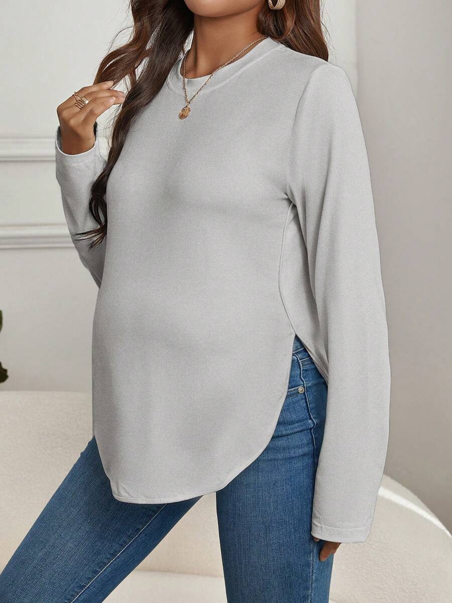 SHEIN Maternity Solid Curved Hem Tee - Light Grey - View 1
