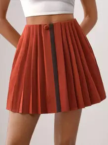 MAY‘G Contrast Tape Front Pleated Skirt - Red - View 1