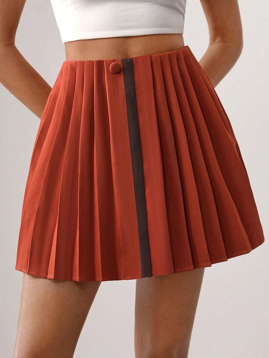 MAY‘G Contrast Tape Front Pleated Skirt - Red - View 1