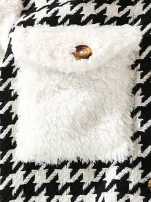 Baby Girl Houndstooth Print Flap Pocket Fuzzy Coat - Black and White - View 6