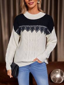SHEIN LUNE Colorblock Contrast Lace Cable Knit Sweater - Multicolor - View 4