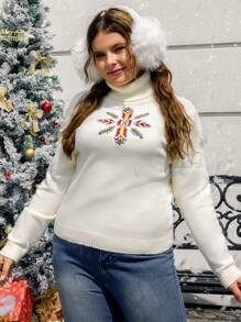 SHEIN EZwear Hơn Mẫu Geo Áo cao cổ Áo len - Màu be - Xem 5