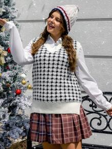 SHEIN EZwear 大碼千鳥格圖案毛衣背心不帶襯衫 - 黑與白 - 查看 1