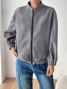 SHEIN EZwear 素色拉鏈開襟落肩袖花呢外套 - 灰色 - 查看 4