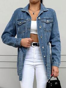 Cottnline 翻蓋口袋腰帶牛仔外套