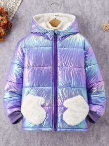SHEIN Tween Girl Holographic Zip Up Hooded Fleece Coat - Mauve Purple - View 1