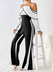 SHEIN Privé Mono de pierna ancha de dos tonos de hombros descubiertos unido en contraste - Blanco y Negro - Ver 6