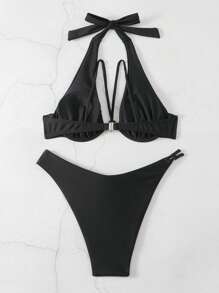 SHEIN Swim Summer Solid Color Bikini Set With Knot Back Design