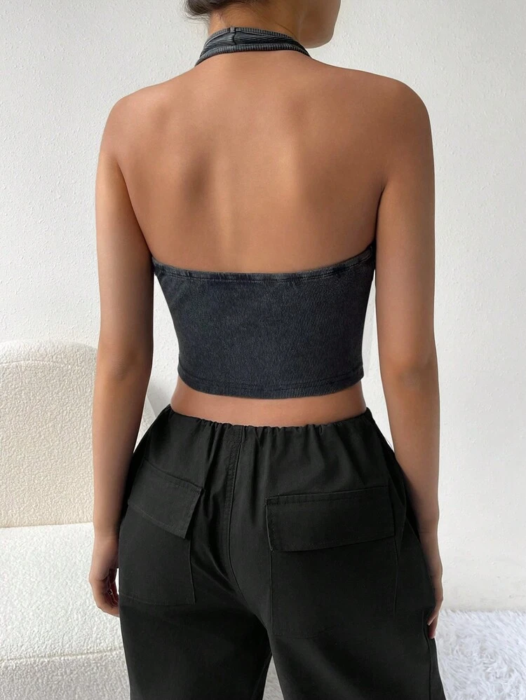 Button Front Crop Halter Top