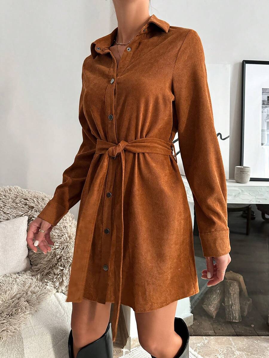 SHEIN Cottnline Solid Button Front Belted Shirt Dress - Brown - View 1