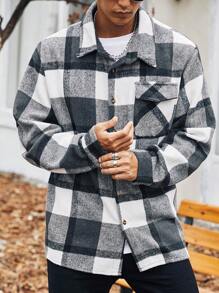 Manfinity Homme Nam Plus In kẻ sọc Túi có nắp Áo khoác kiểu sơ mi - màu đen - Xem 3