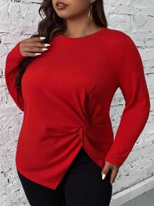 SHEIN CURVE+ Talla grande Camiseta girante delantero bajo asimétrico - Rojo - Ver 5