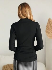 SHEIN Clasi Solid Wrap Detail Tee - Black - View 2