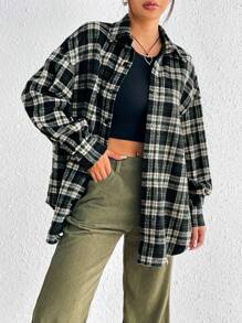 SHEIN EZwear Plaid Print Drop Shoulder Shirt