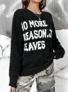 SHEIN EZwear 標語圖案落肩袖毛茸茸套頭毛衣 - 黑與白 - 查看 1