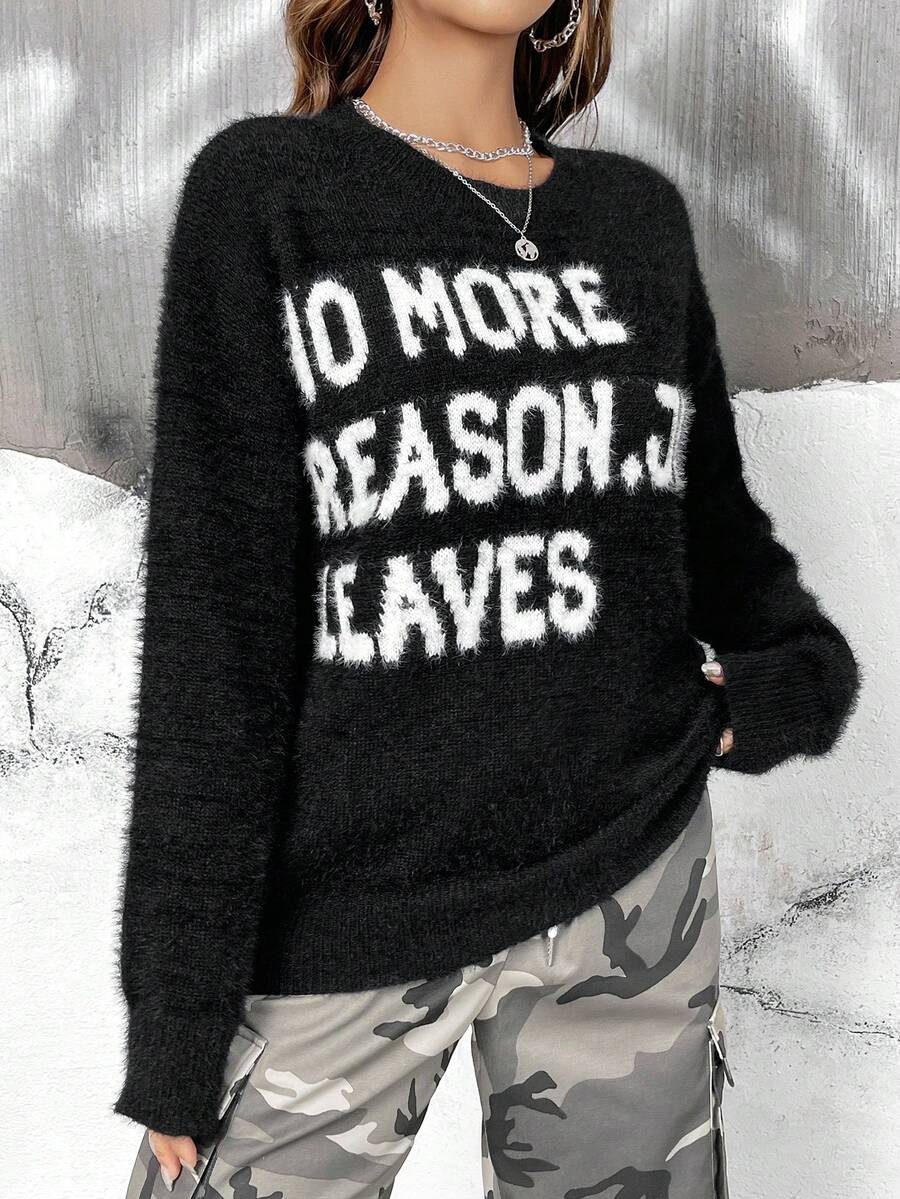 SHEIN EZwear 標語圖案落肩袖毛茸茸套頭毛衣 - 黑與白 - 查看 1